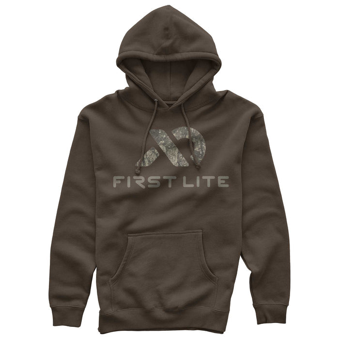 Brown hoodie with a drawstring hood and kangaroo pocket, featuring a camouflage abstract logo above "FIRST LITE" text.
