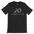 Black t-shirt with a distressed camouflage logo above "FIRST LITE" text