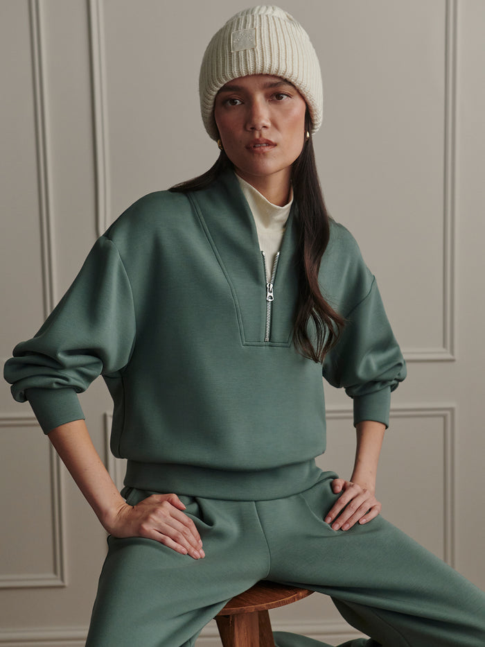Dark Forest|Davidson Sweat in Dark Forest, front view of a pullover sweatshirt in a deep forest green shade with soft fleece fabric.