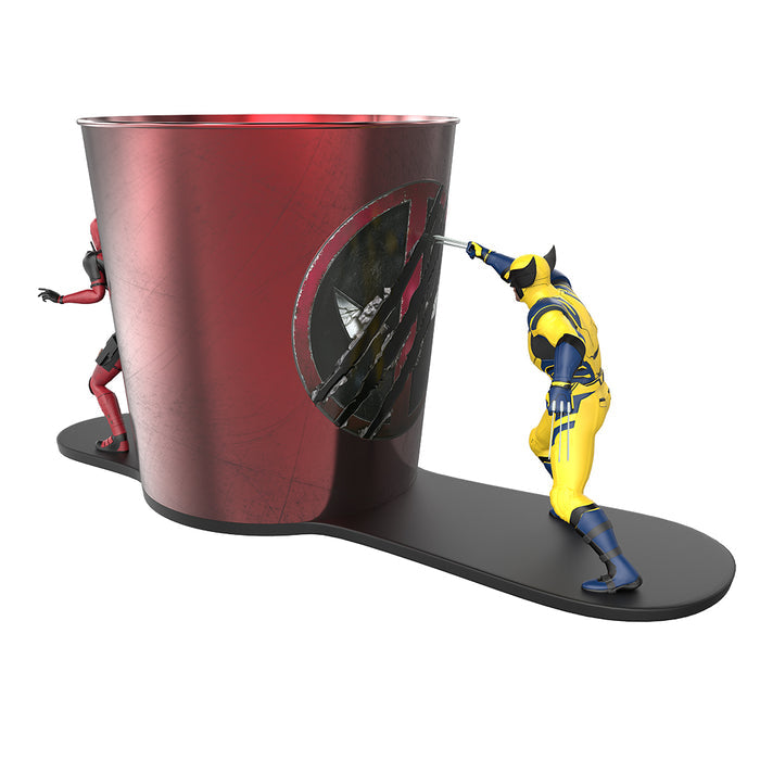 Close-up shot of the Deadpool figurine detailing the character suit and pose on the popcorn bucket