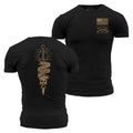 Black t-shirt with gold graphic design on front and back, featuring an American flag and crossed rifles.