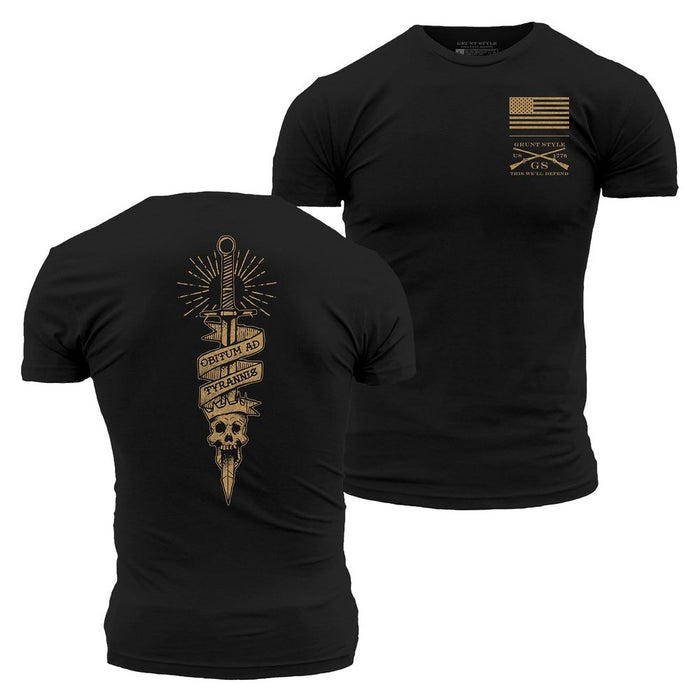 Black t-shirt with gold graphic design on front and back, featuring an American flag and crossed rifles.