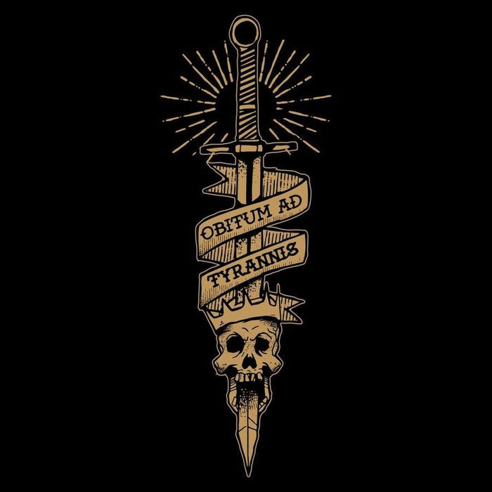 Decorative design with a sword, skull, and Latin text on a black background