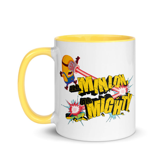 Despicable Me 4 two-tone ceramic mug featuring All Mighty Minion graphics on a white background with a colored rim and handle