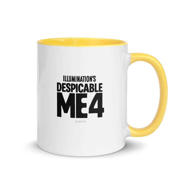 Front view of the Despicable Me 4 Minion mug showing playful yellow characters and bold typography