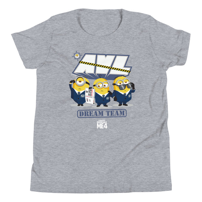 Despicable Me 4 kids t-shirt in athletic heather featuring the colorful Dream Team character graphic on the front