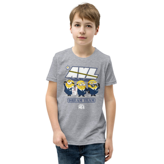 Close-up of the Despicable Me 4 Dream Team graphic printed on the chest of the kids t-shirt