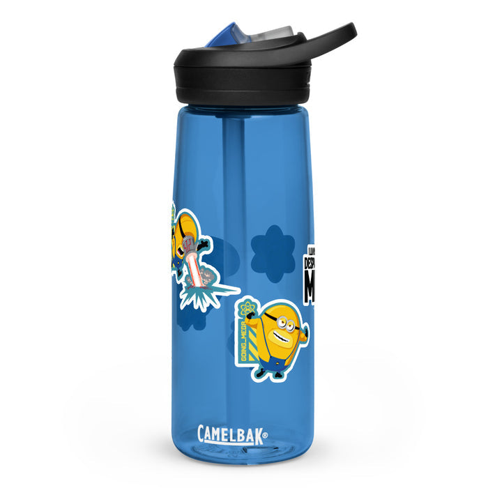 Despicable Me 4 CamelBak water bottle with vibrant Minion icons pattern against a clean background