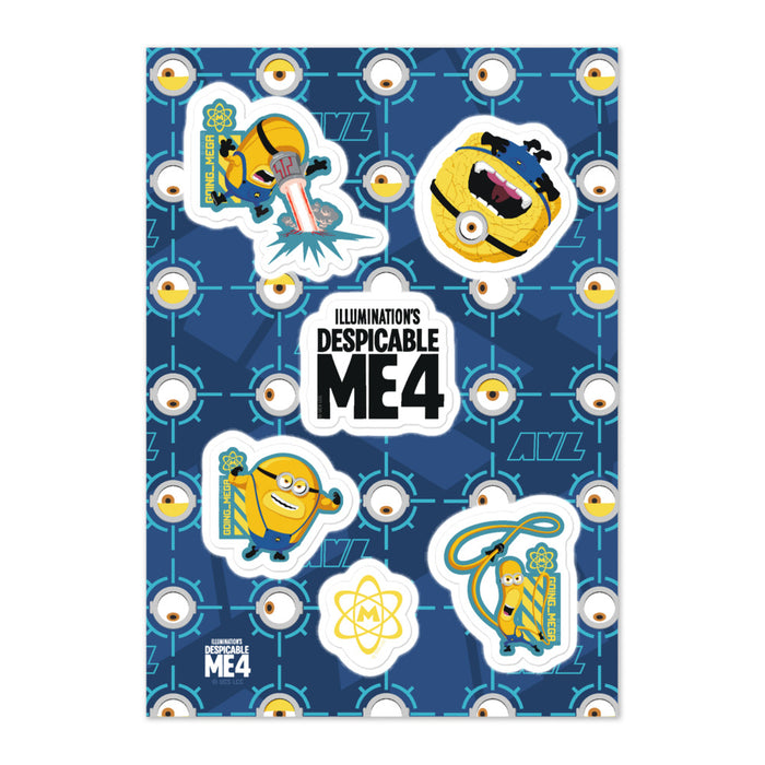 Despicable Me 4 icons sticker sheet featuring a colorful assortment of Minions and whimsical movie graphics on a white backing