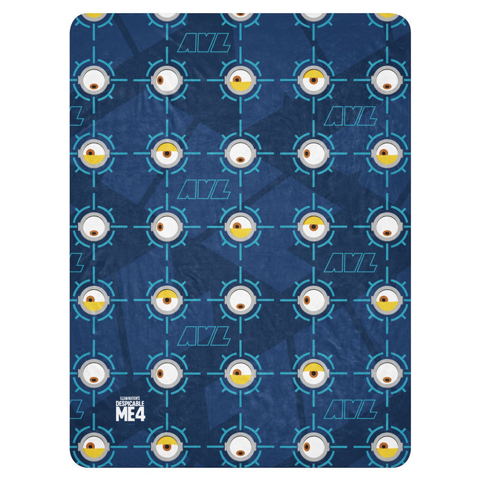 Despicable Me 4 sherpa blanket laid flat, featuring an allover Minion eye pattern against a bright background