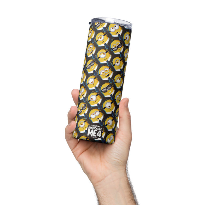 Side profile of the insulated stainless steel travel tumbler featuring vibrant Minions artwork against a glossy background