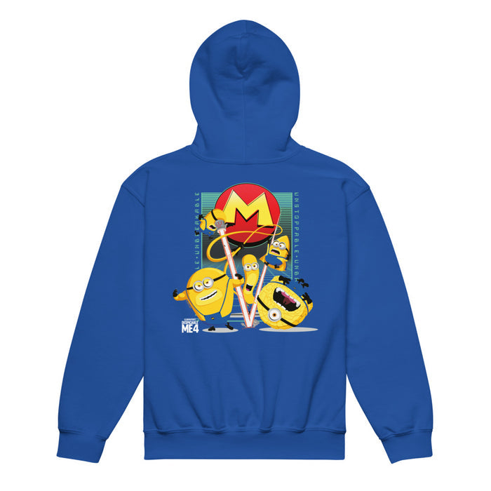 Royal blue kids hoodie featuring the Despicable Me 4 Unstoppable Minion graphic on the front chest