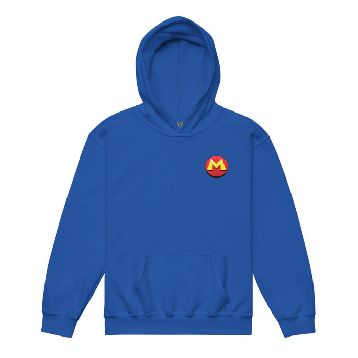 Back view of the royal blue kids hoodie showing a plain solid royal blue fabric finish