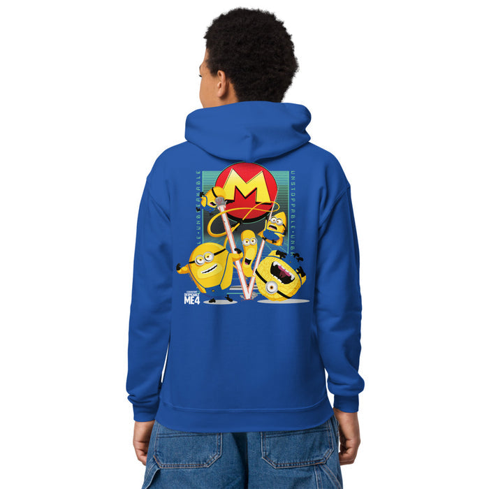 Close-up of the Unstoppable Minion character graphic printed on the hoodie fabric