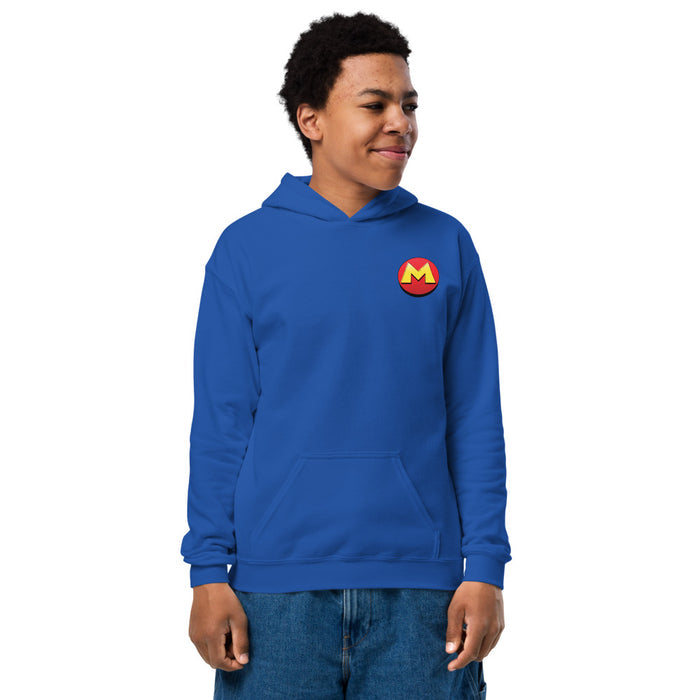Close-up of the front pouch pocket and hem detail on the kids hoodie