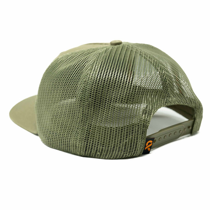 Olive green trucker hat with a mesh back, snapback closure, and a small orange logo tag.