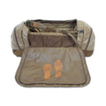 Tan duffel bag with an orange logo on its shoulder strap and two orange contour-line footprint graphics on an unzipped inner flap.