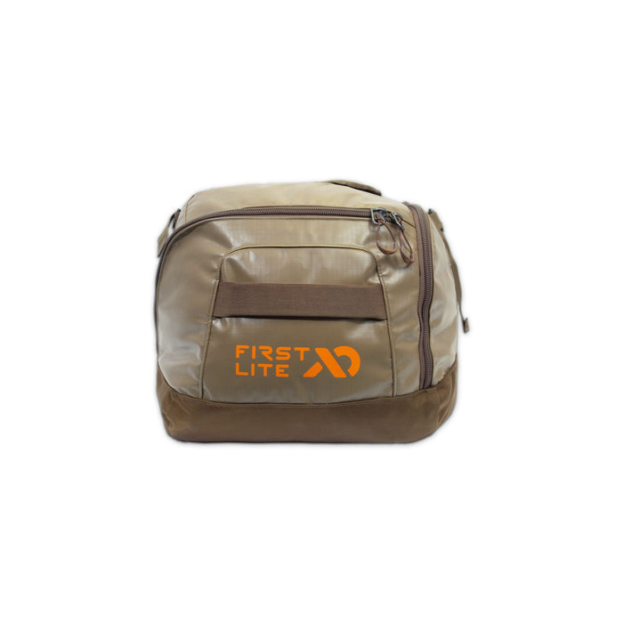 Tan and brown First Lite dopp kit with orange logo and front zippered pocket.