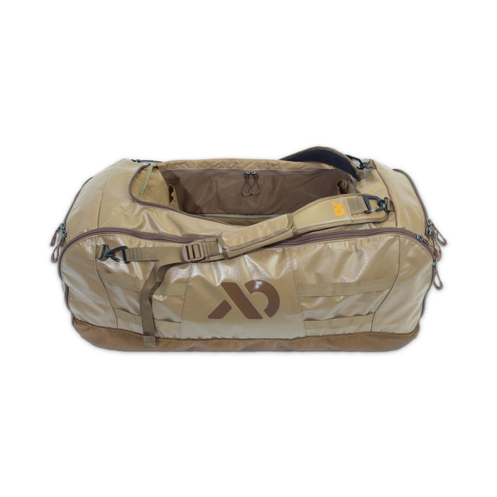 Tan and brown duffel bag, partially open, showing its interior, shoulder strap, and side logo.