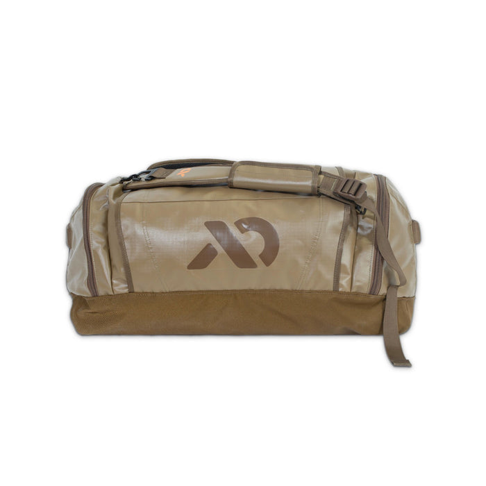 Two-tone khaki and brown duffel bag with a large stylized AD logo, a padded carrying strap, and side zippers.