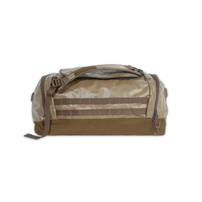 Tan duffel bag with a dark brown base, top carry handle, zippered end pockets, and front webbing.