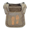 Open tan duffel bag showing an interior mesh pocket and two orange topographic map footprint designs on the inside flap.