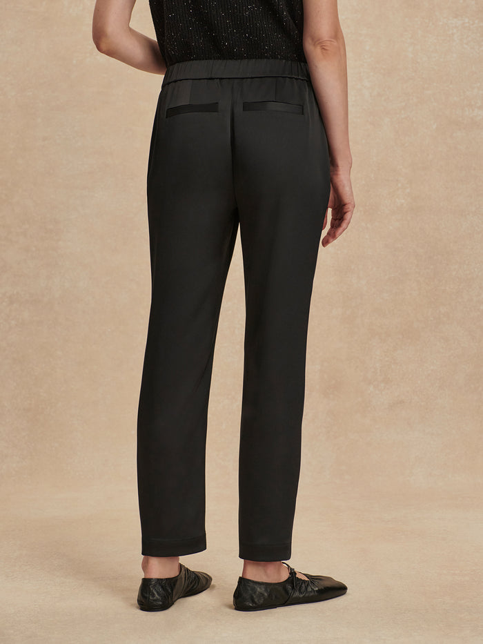 Black|Hanover Tapered Leg Pant 27 Black, front view of tailored black pants with a slim tapered leg and flat-front design.
