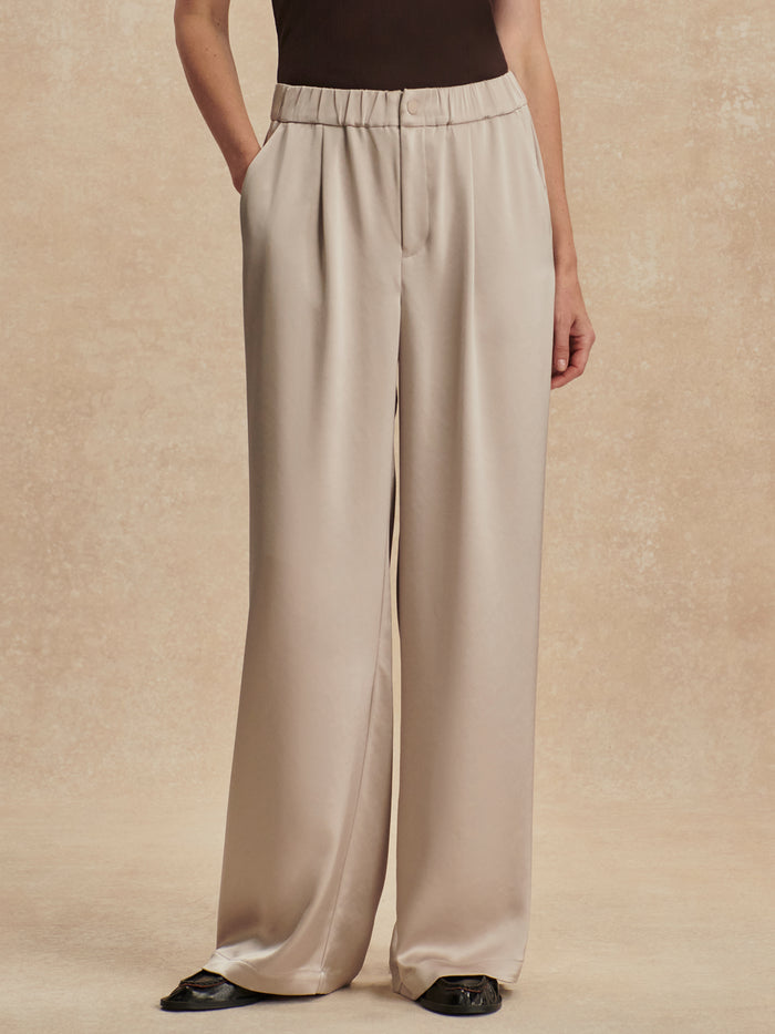 Silver Cloud|Bryden Wide Leg Pant 29.5 in Silver Cloud satin with drape and sheen, front pleat detailing, and elasticated waistband for comfort.