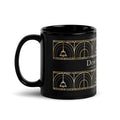 Black ceramic coffee mug featuring a refined 1930s art deco Downton Abbey The Grand Finale motif on the front