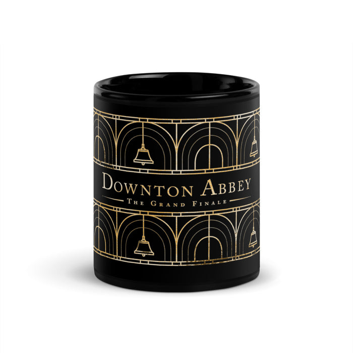 Front view of the black gloss mug showcasing the Downton Abbey art deco graphic design