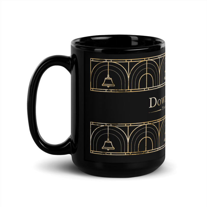 Close-up detail of the 1930s inspired deco graphic printed on the black ceramic drinkware