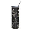 Front view of the Downton Abbey Deco Black 20 oz stainless steel tumbler featuring an Art Deco geometric design against a glossy black background