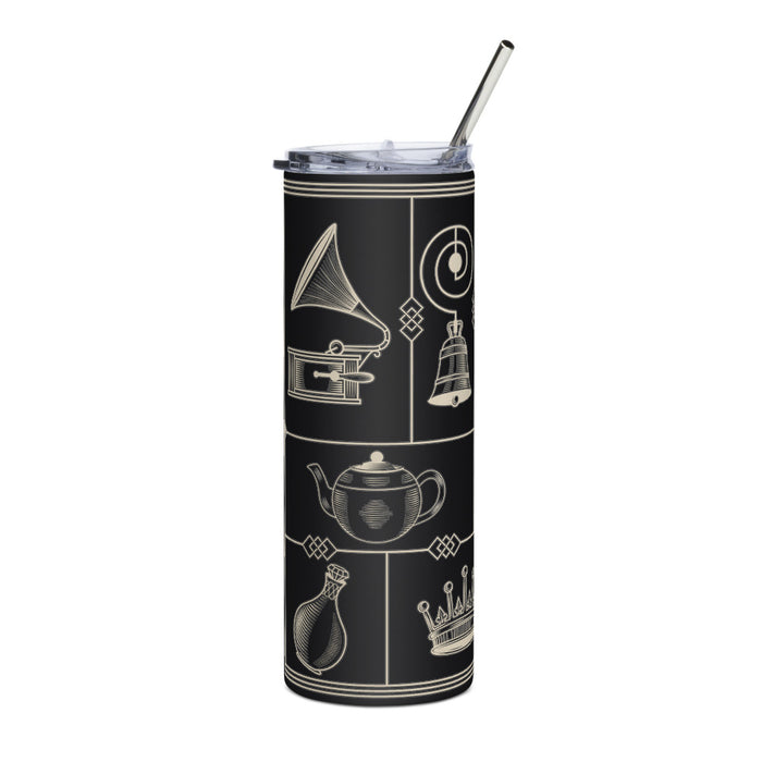 Front view of the Downton Abbey Deco Black 20 oz stainless steel tumbler featuring an Art Deco geometric design against a glossy black background