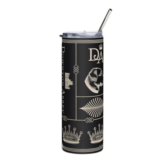 Angle view of the black stainless steel tumbler showing the matching lid and included straw