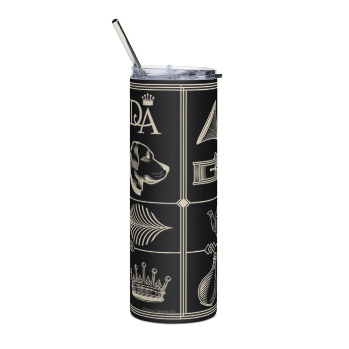 Close-up of the glossy finish and intricate Art Deco graphic on the Downton Abbey tumbler