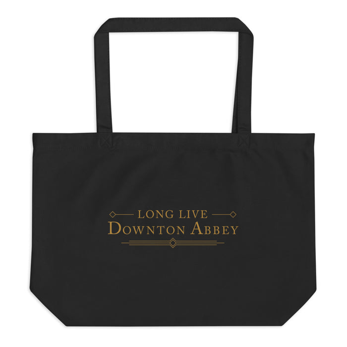 Black organic cotton tote bag featuring Downton Abbey Grand Finale Long Live Downton Abbey text design on the front