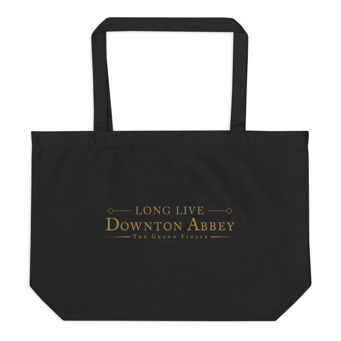 Close up view of the Long Live Downton Abbey graphic printed on the black cotton canvas