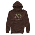 Brown hoodie featuring drawstrings, a kangaroo pocket, and a ligth green graphic of a duck call with "FIRST LITE" text.