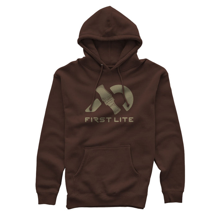 Brown hoodie featuring drawstrings, a kangaroo pocket, and a ligth green graphic of a duck call with "FIRST LITE" text.