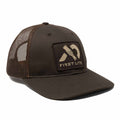 Dark brown trucker cap with mesh back and a front patch featuring a tan First Lite logo and text.