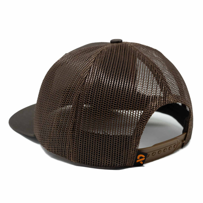 Brown mesh trucker hat with a snapback closure and orange logo tag.