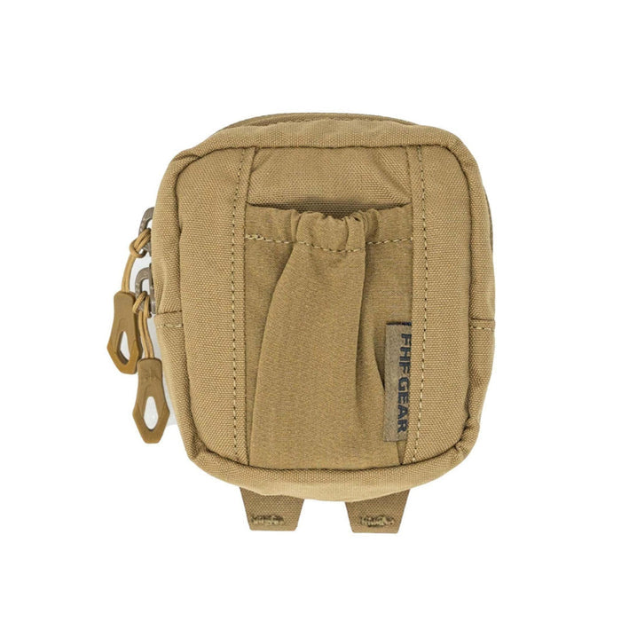 Tan FHF GEAR utility pouch featuring a zippered main compartment with dual pulls and a front elastic pocket.