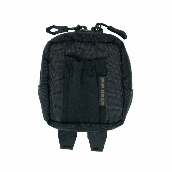 Black FHF GEAR tactical pouch with a top zipper closure, front elastic pocket, and two bottom attachment straps.