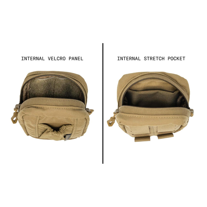 Two views of an open tan tactical pouch, showing its internal fuzzy velcro panel on the left and an internal stretch pocket on the right.