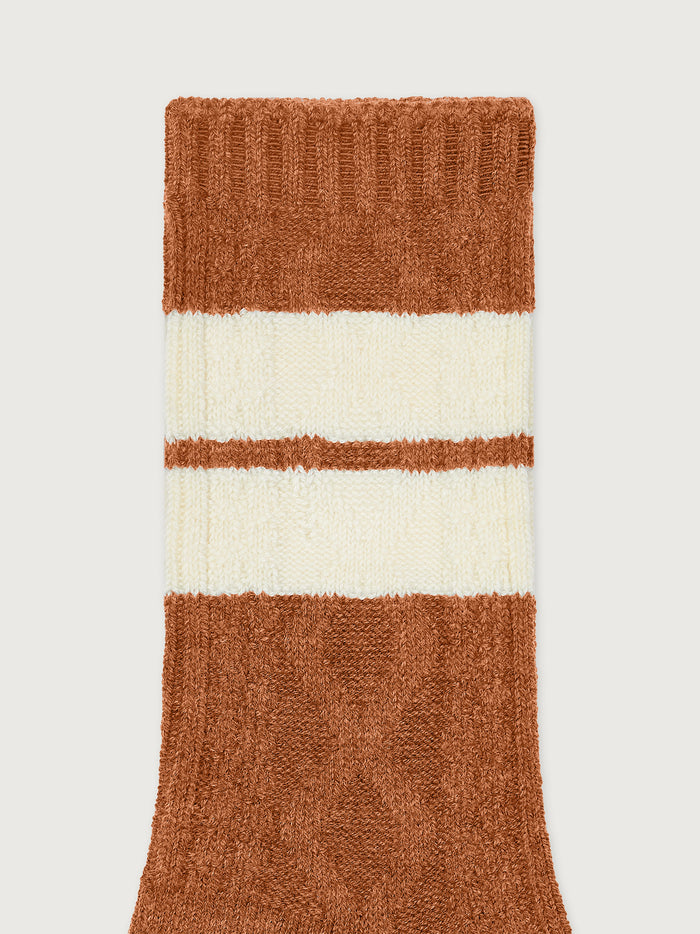 Almond/ Egret|Eagleson Plush Cable Stripe Sock in Almond Egret, plush knit sock with a cable stripe design.