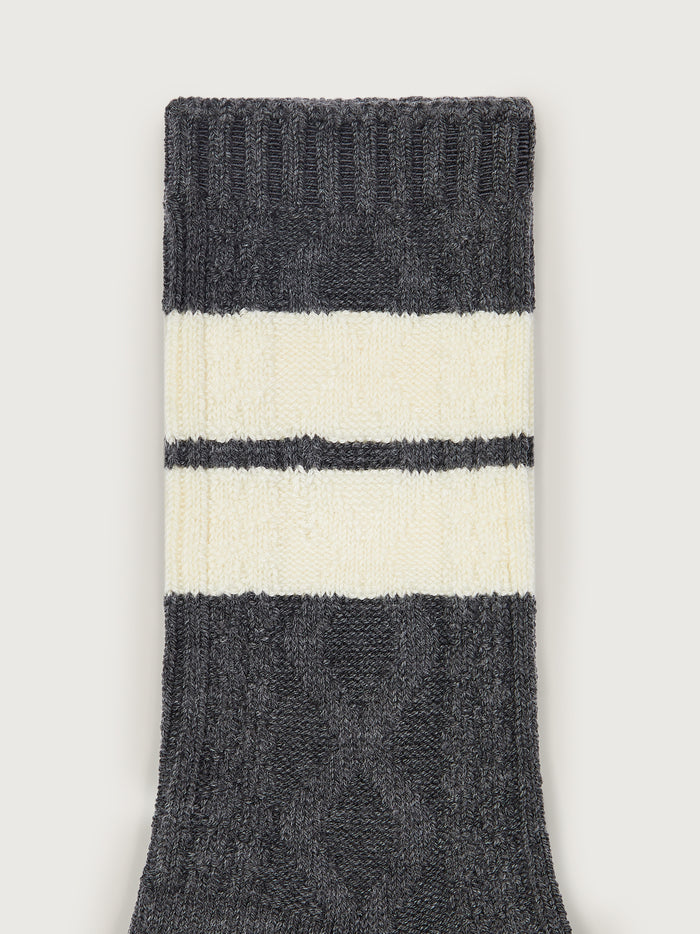 Charcoal Marl/ Egret|Eagleson Plush Cable Sock Charcoal Marl EGRET, plush cable-knit sock in charcoal marl with EGRET accents.