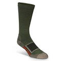 A dark olive green ribbed sock with tan heel and toe, featuring orange "EARLY SEASON" text and a dark gray square design on the foot.