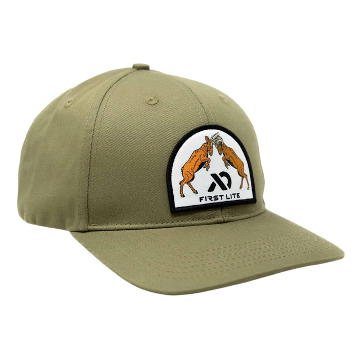 Olive green baseball cap with a front patch depicting two rams clashing heads, a black logo, and 'FIRST LITE' text.