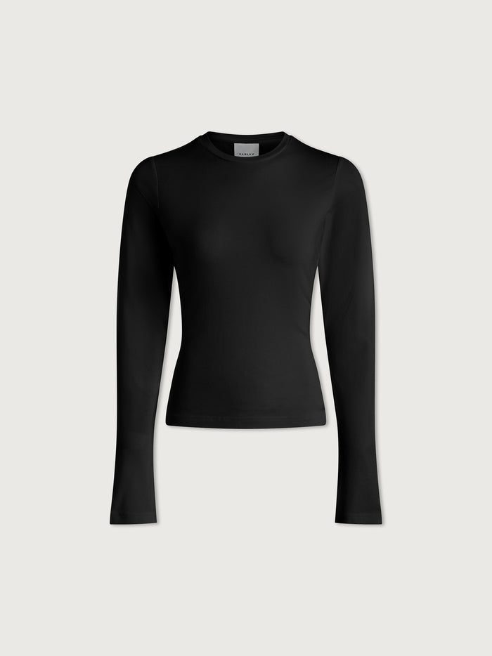 Black|Front-facing view of EDNA LONG SLEEVE FITTED TEE in Black, a slim, long-sleeve top.