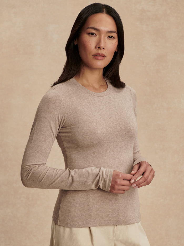 Taupe Marl|Edna Long Sleeve Fitted Tee Taupe Marl, front view of the slim-fit top in taupe marl.